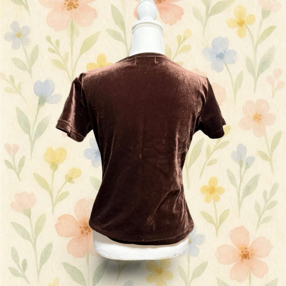 Vintage 90s Brown Velvet Top Medium Bydesign Velour Short Sleeve Baby Tee - Picture 4 of 7